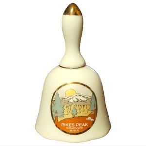 Vtg Montaray Pike's Peak Colorado Gold Trimmed Porcelain Bell Mountain Sun Pines